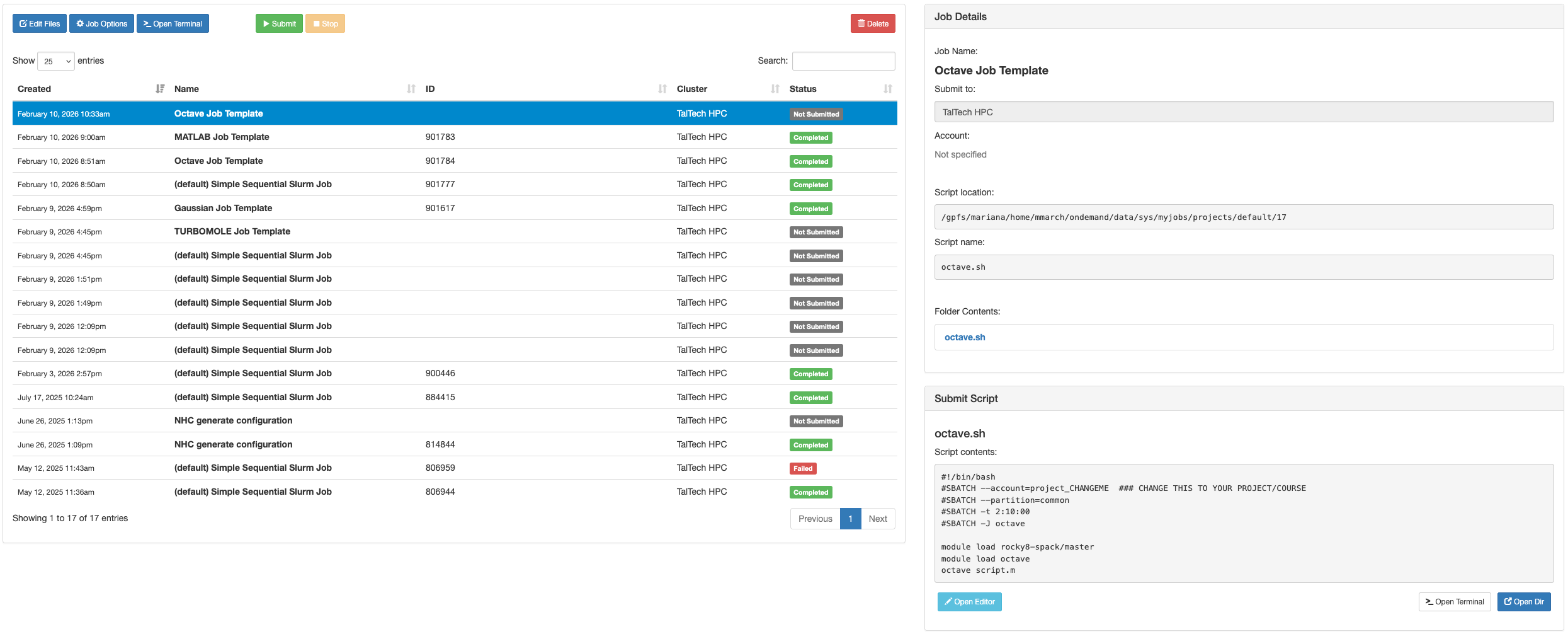 Open OnDemand - Job Composer - Templates - Octave - New - Editor