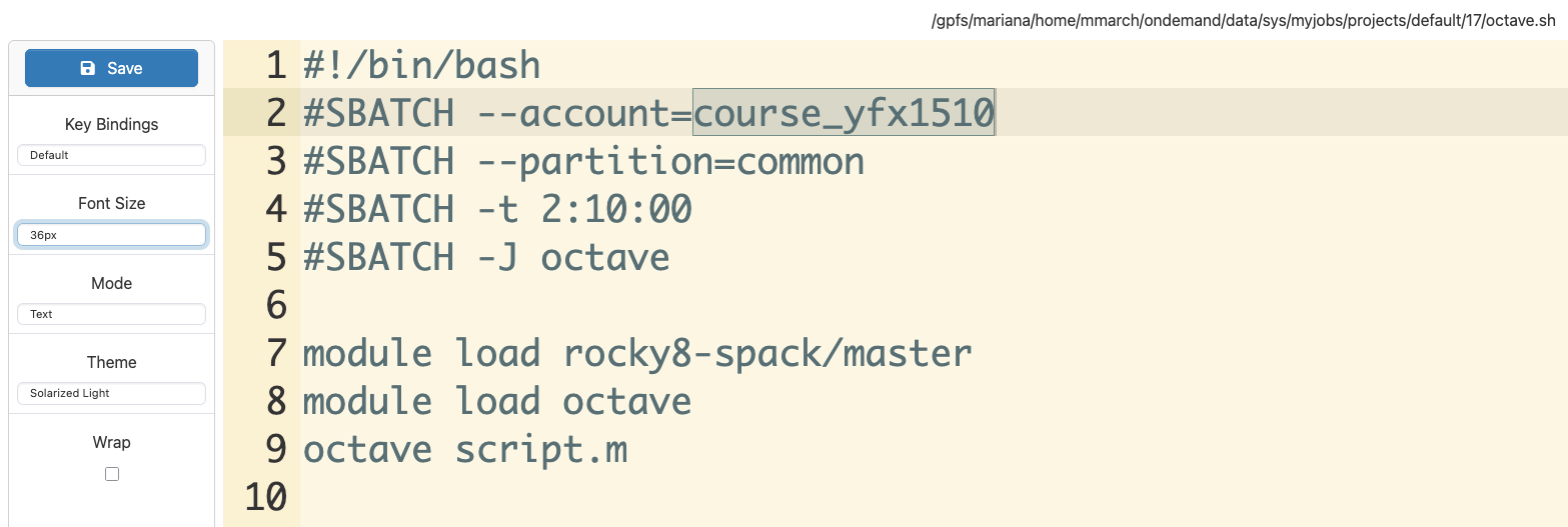 Open OnDemand - Job Composer - Templates - Octave - New - Editor - Save